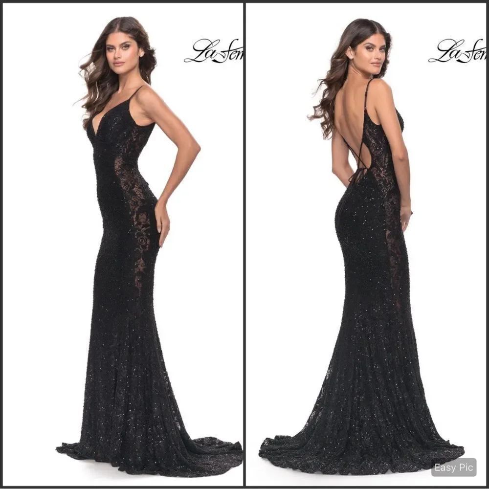 NWT La Femme 31257 Size 00 Black Embellished Lace Gown Dress